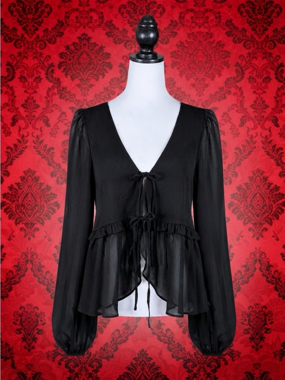 Dolls Kill Current Mood Peasant Top Black Sheer Double Tie Front Peplum Goth L